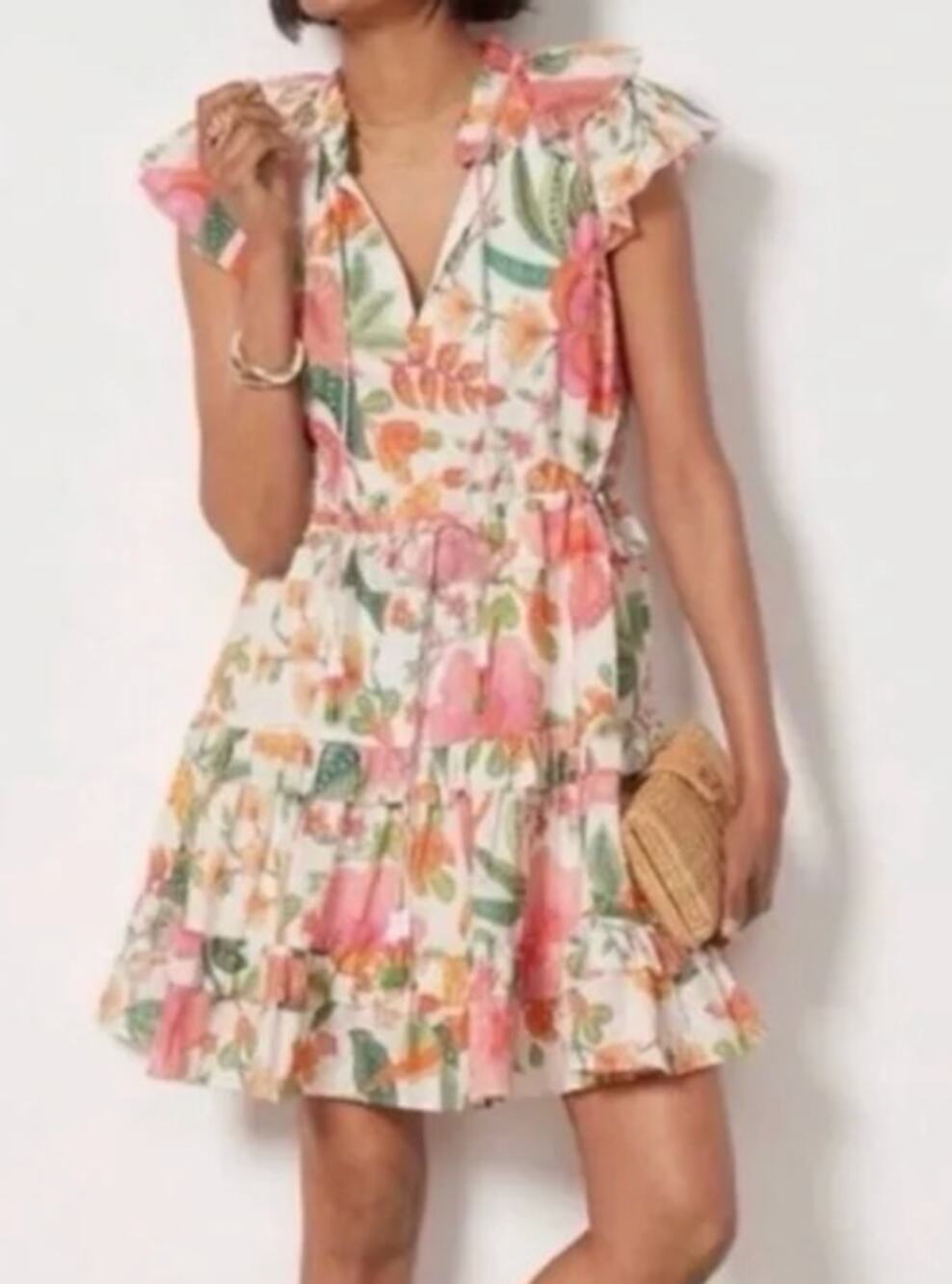 Farm Rio Macaw Bloom Floral Tiered Babydoll Mini Dress Pink White XS